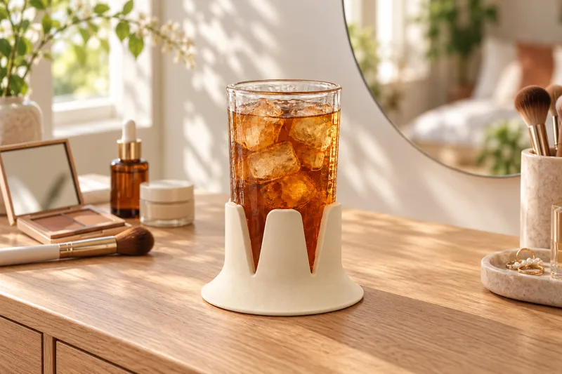A glass of iced coffee in Steadi beside makeup on an oak vanity