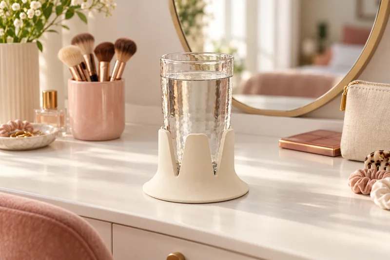 A water glass in Steadi with a clear spot on a white makeup vanity