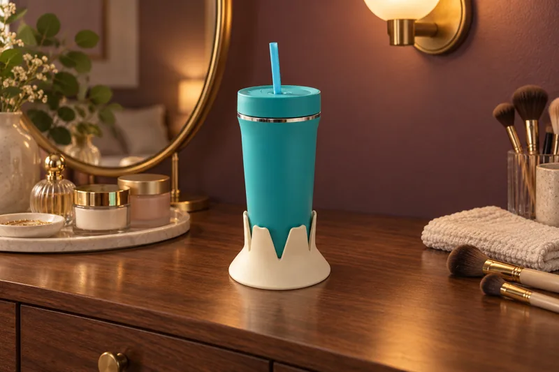 A tumbler in Steadi on a walnut vanity with open tabletop around the holder