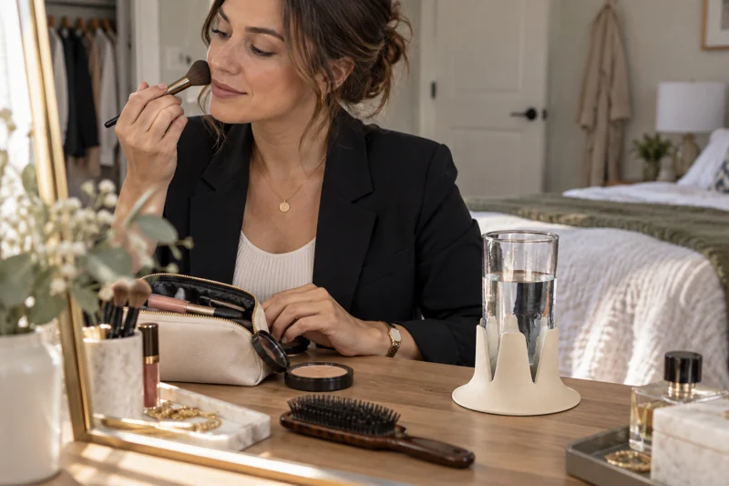 Getting ready for work at a bedroom vanity with open narrow-based water glass in Steadi on actual vanity top, on the user's reachable drink side away from brush sweep. AI illustration.